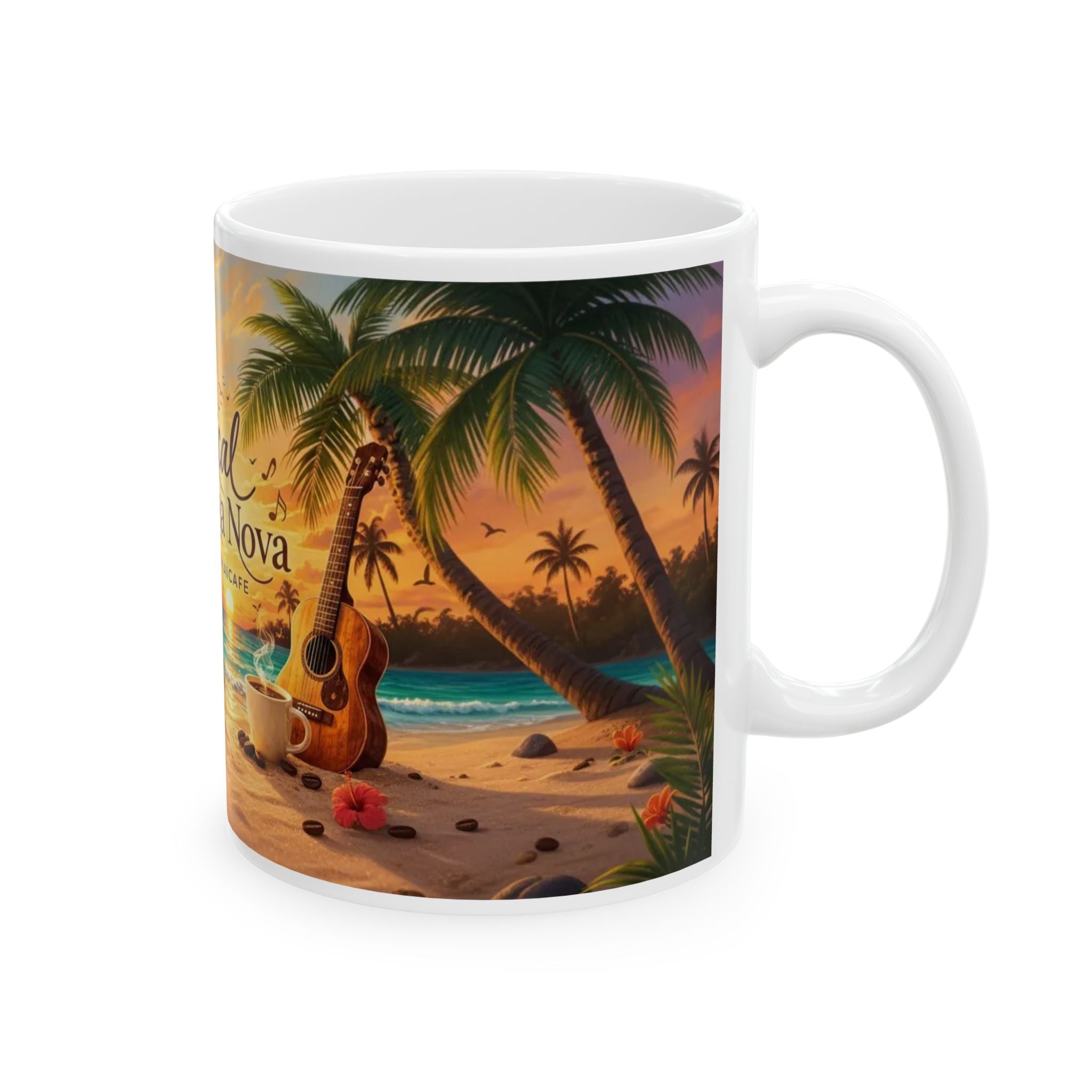 Tropical Bossa Nova Coffee Mug – Beach Sunset Guitar & Hibiscus Ceramic Mug (11oz, 15oz)