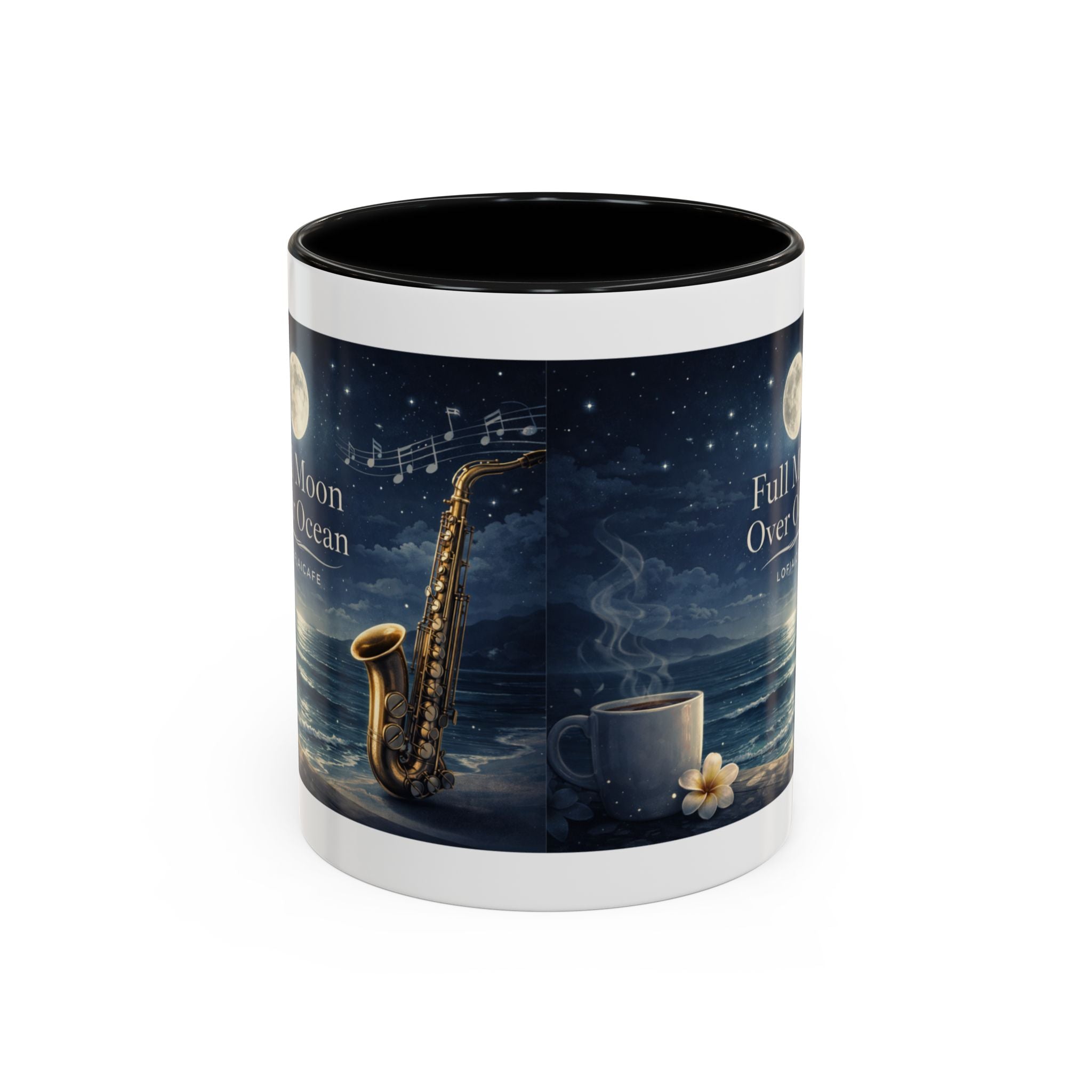Full Moon Over Ocean Accent Coffee Mug — Night Jazz Saxophone Beach Scene (11/15oz)