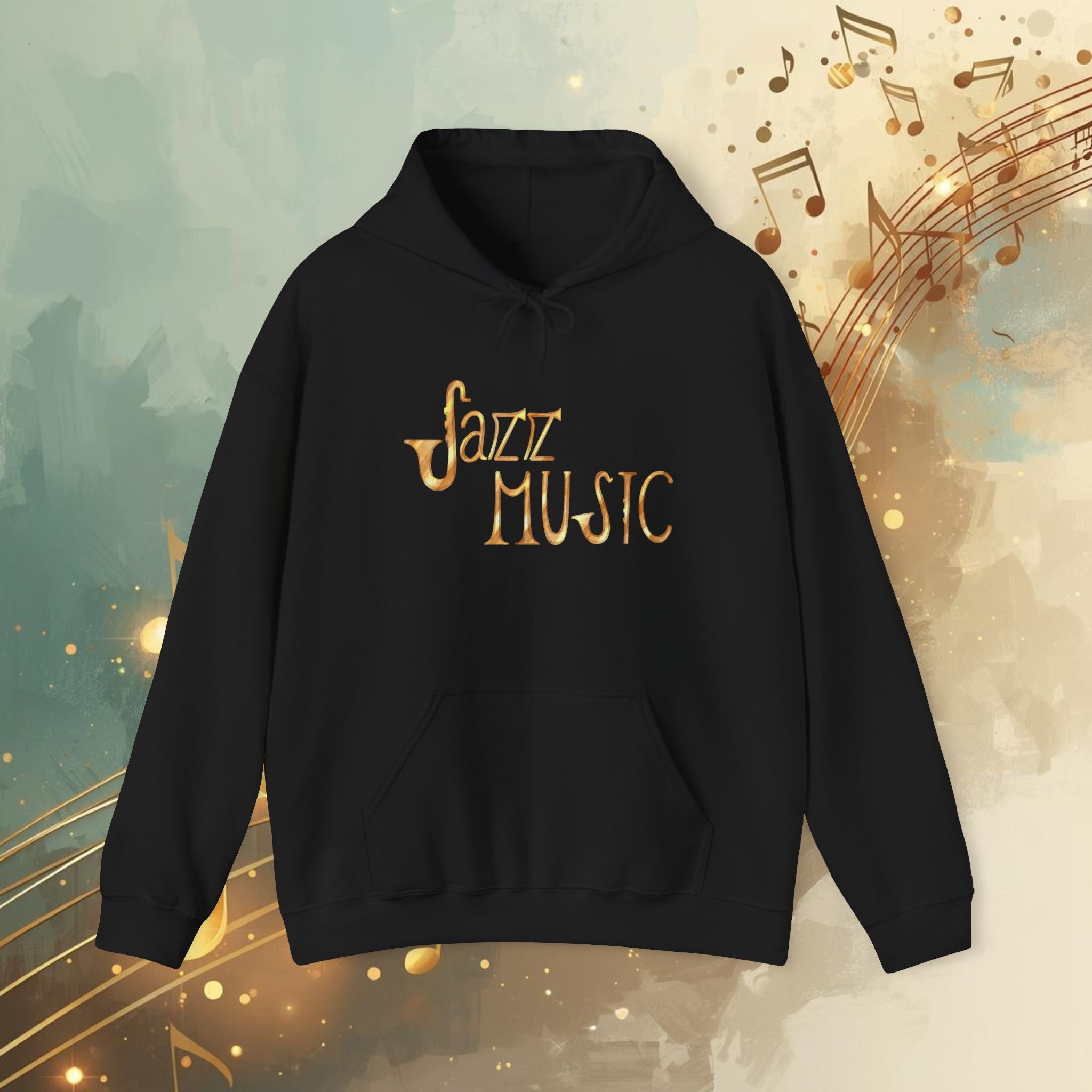 Jazz Music Hoodie 🎷 Retro Gold Script Sweatshirt – Vintage Jazz Lover Gift, Musician Streetwear, Cozy Unisex Pullover