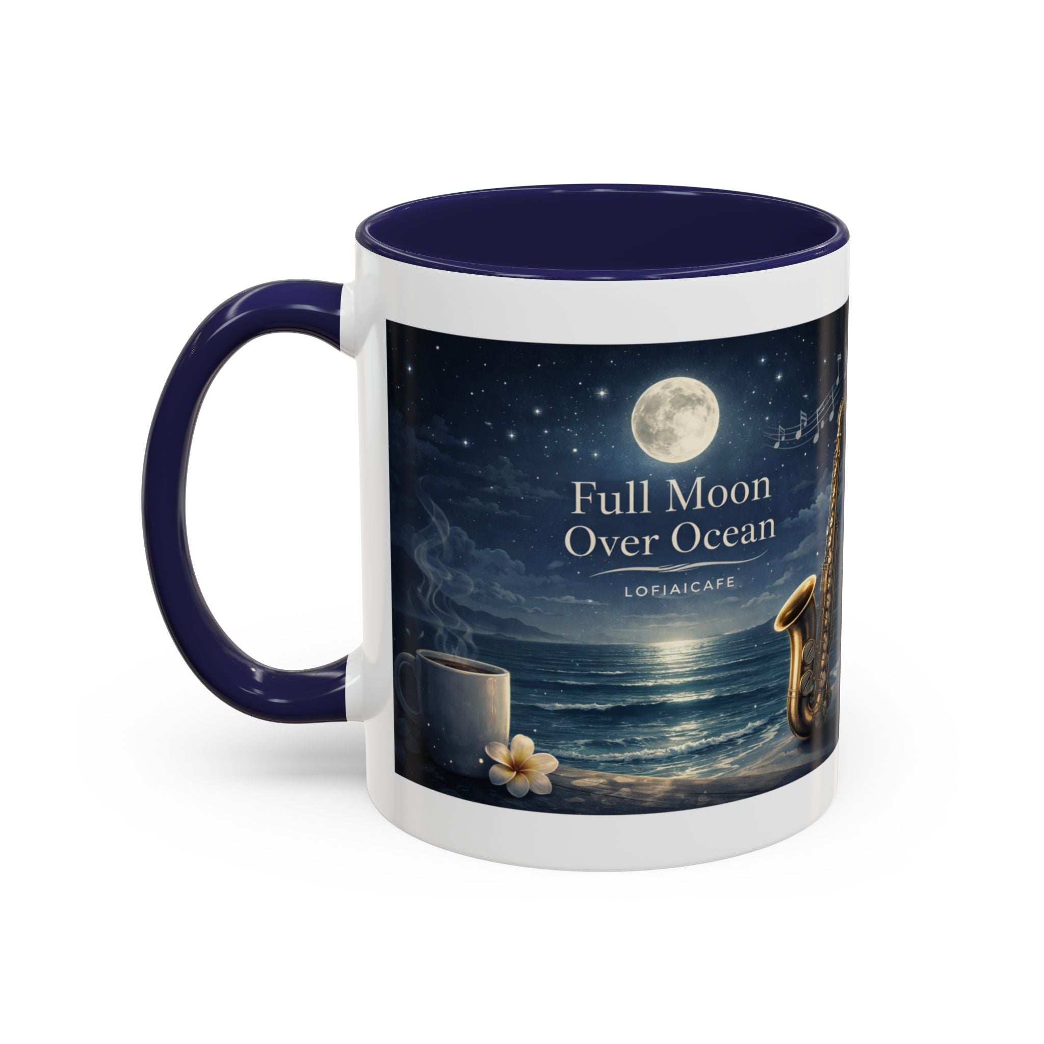 Full Moon Over Ocean Accent Coffee Mug — Night Jazz Saxophone Beach Scene (11oz)