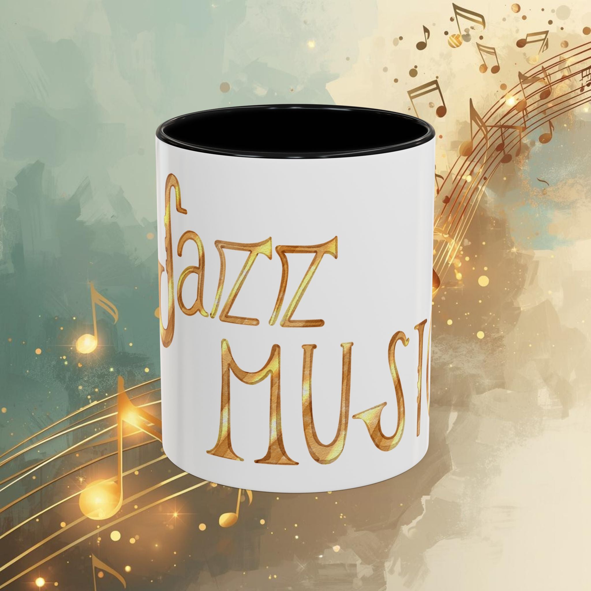 Jazz Coffee Mug ☕ Gold Script Accent Mug (11oz) – Music Lover Gift, Retro Jazz Style Cup