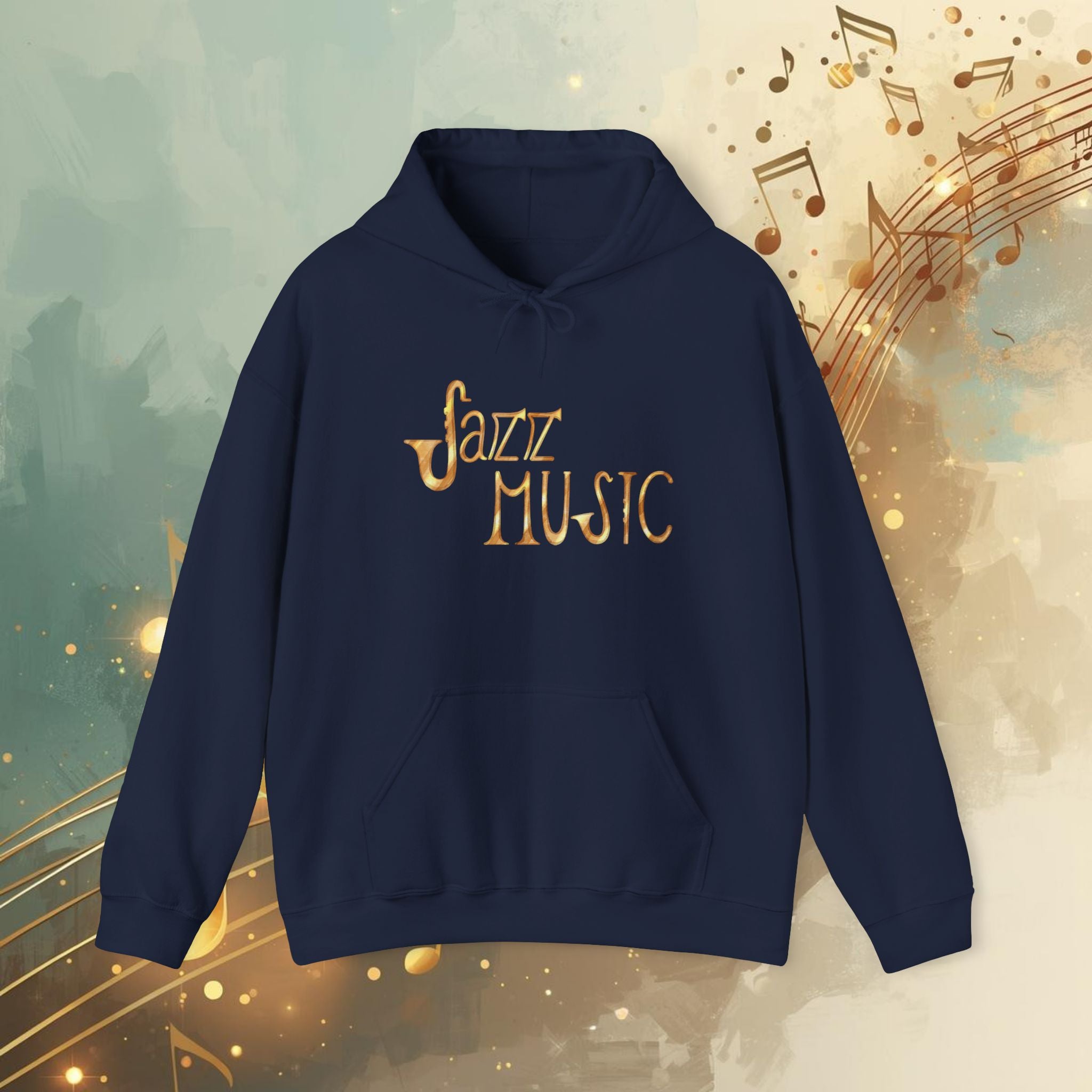 Jazz Music Hoodie 🎷 Retro Gold Script Sweatshirt – Vintage Jazz Lover Gift, Musician Streetwear, Cozy Unisex Pullover