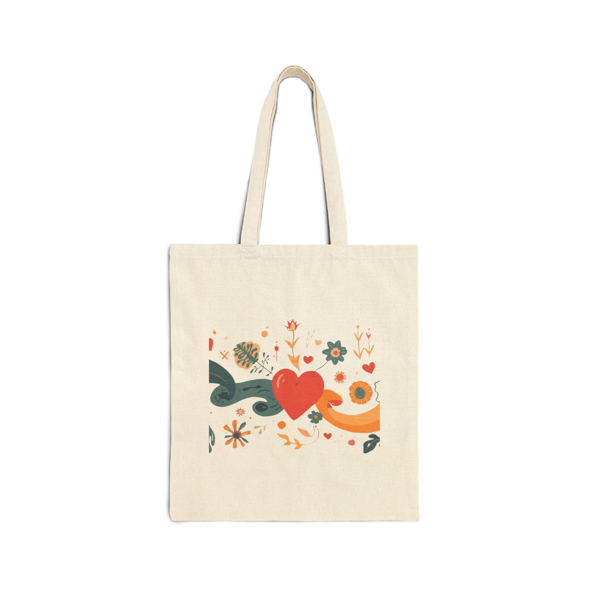 Retro Heart Floral Tote Bag — Cotton Canvas Market Shopper