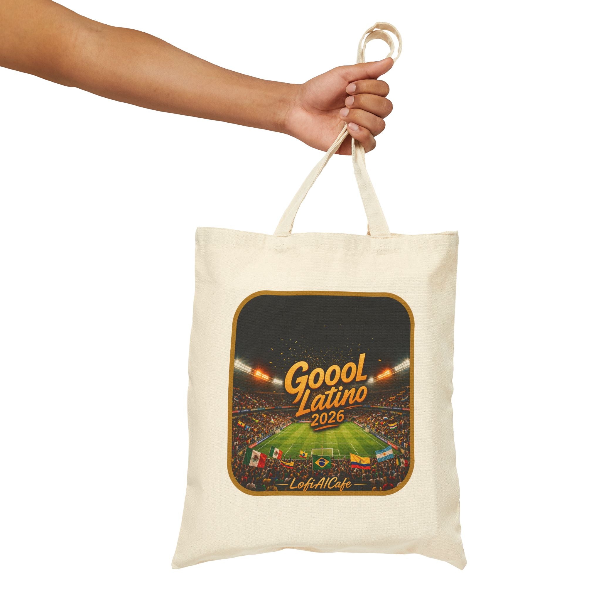 Gool Latino 2026 Canvas Tote Bag — LofiAICafe Stadium Soccer Fan Bag | Latino Gift | Natural & Black Canvas