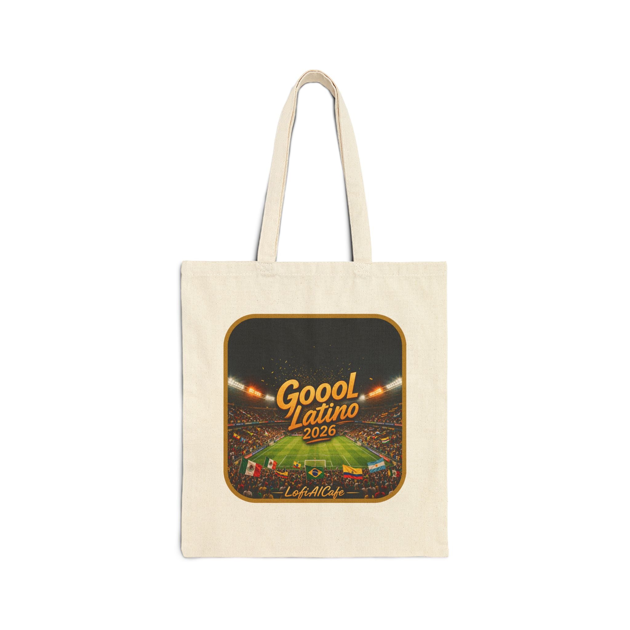 Gool Latino 2026 Canvas Tote Bag — LofiAICafe Stadium Soccer Fan Bag | Latino Gift | Natural & Black Canvas