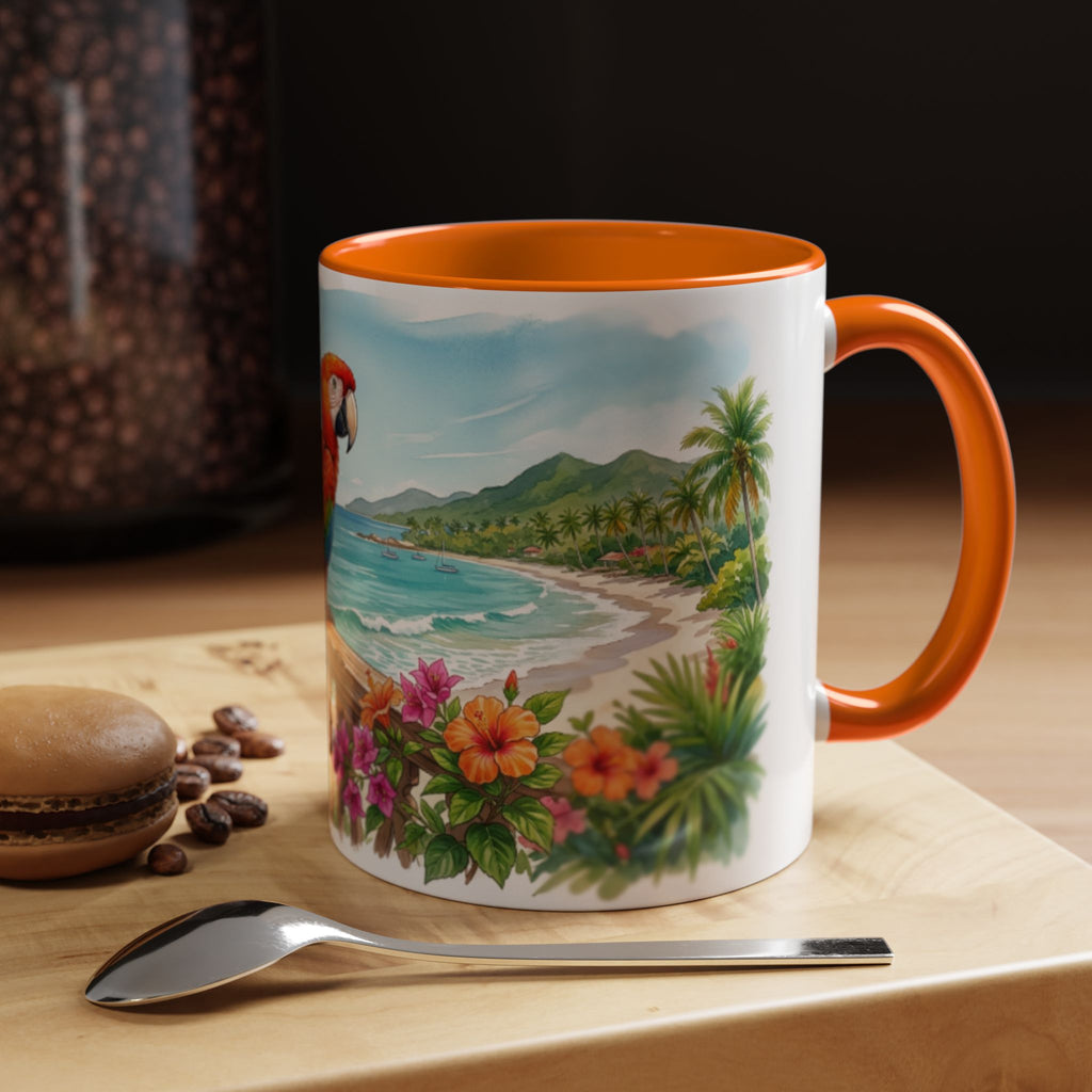 Caribbean Parrot Coffee Mug ☕ Tropical Beach Hibiscus Design | Colorful Island Vibes (11oz, 15oz)