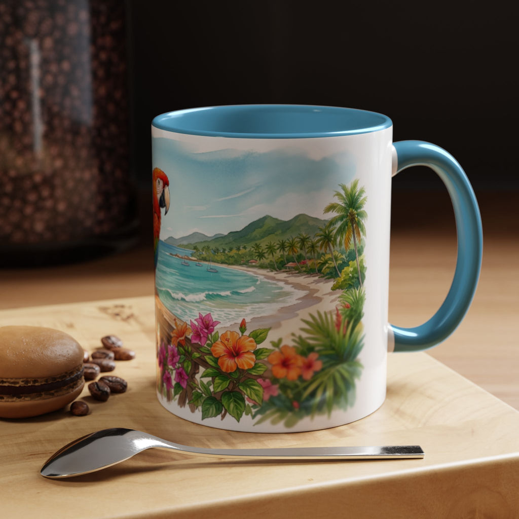 Caribbean Parrot Coffee Mug ☕ Tropical Beach Hibiscus Design | Colorful Island Vibes (11oz, 15oz)
