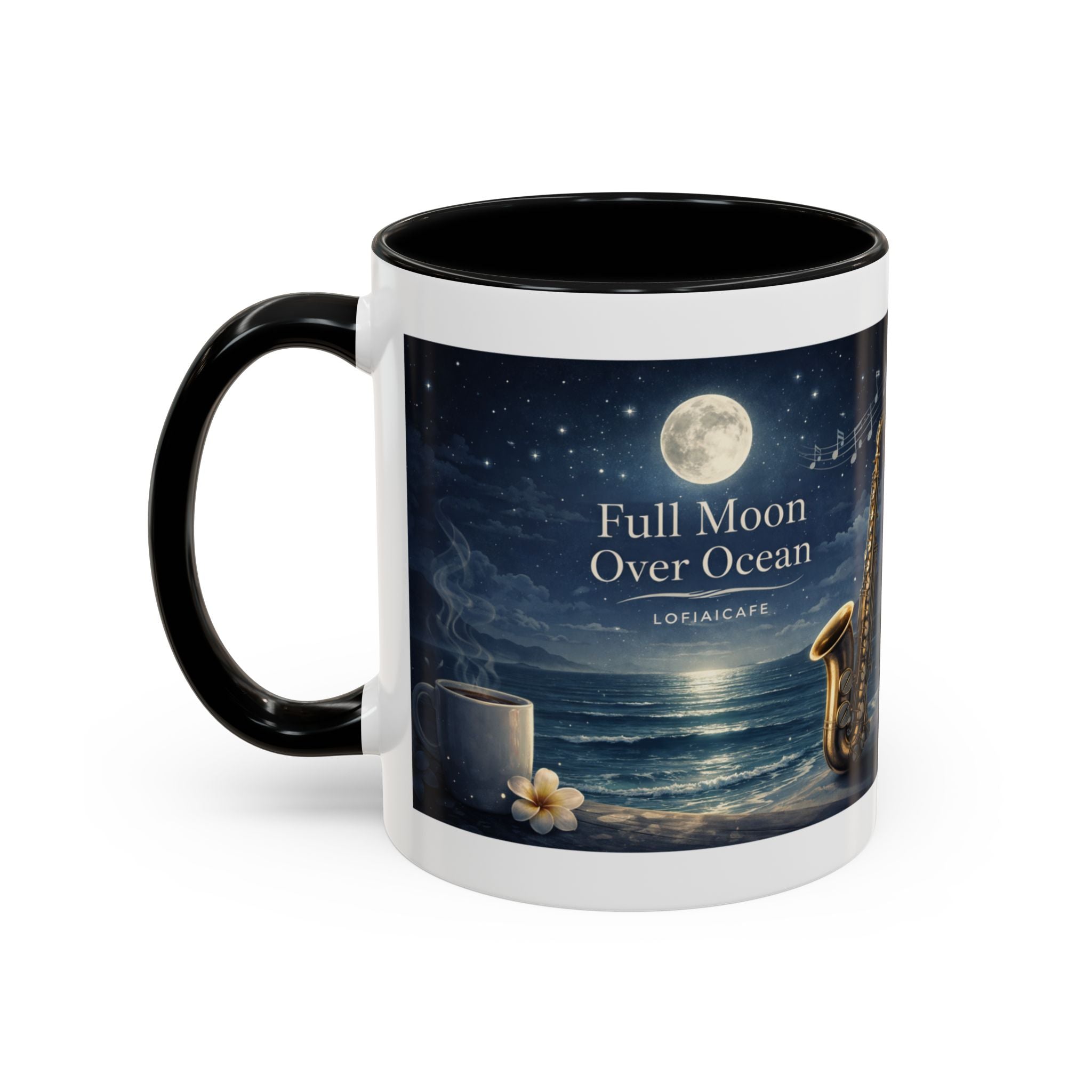 Full Moon Over Ocean Accent Coffee Mug — Night Jazz Saxophone Beach Scene (11/15oz)