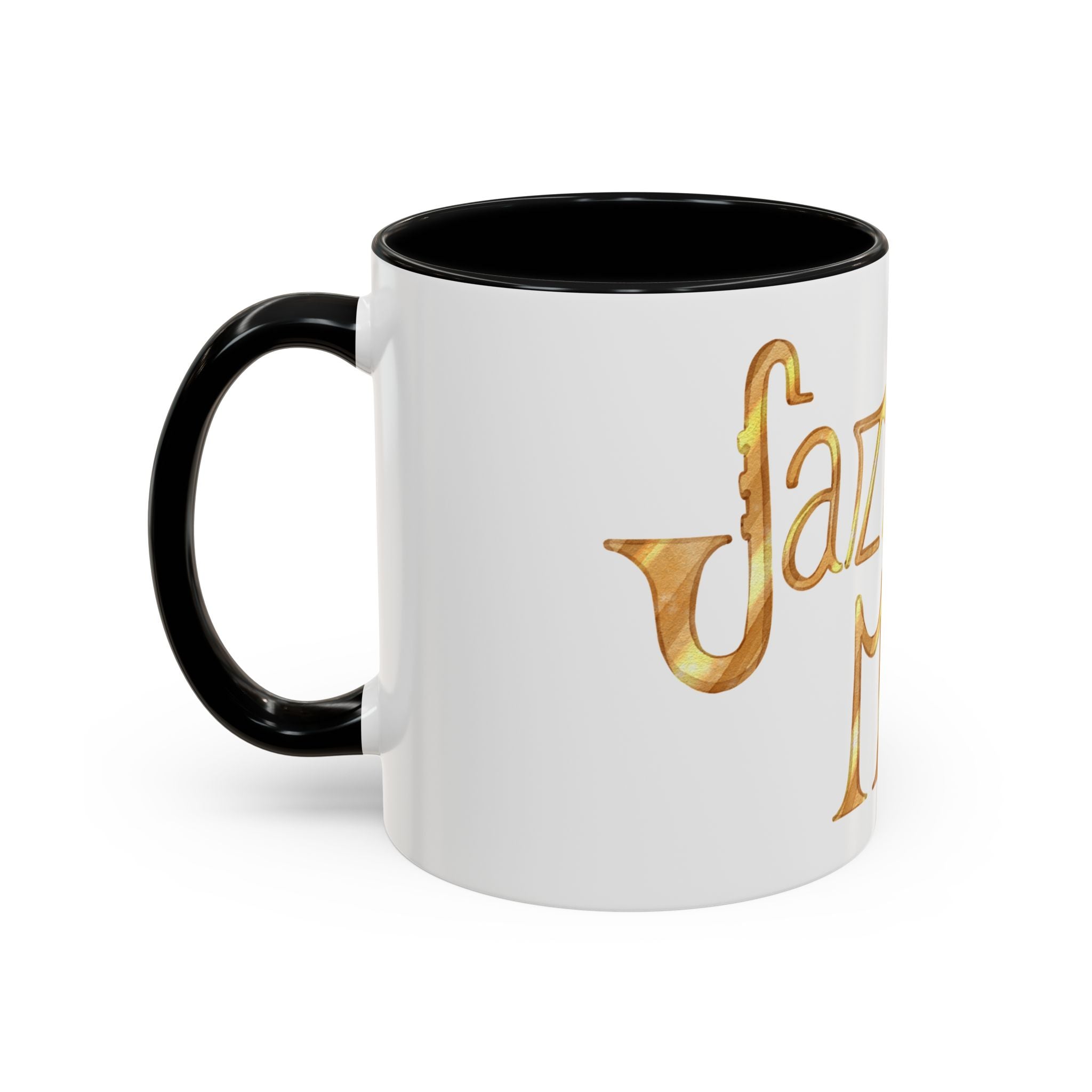Jazz Coffee Mug ☕ Gold Script Accent Mug (11oz) – Music Lover Gift, Retro Jazz Style Cup
