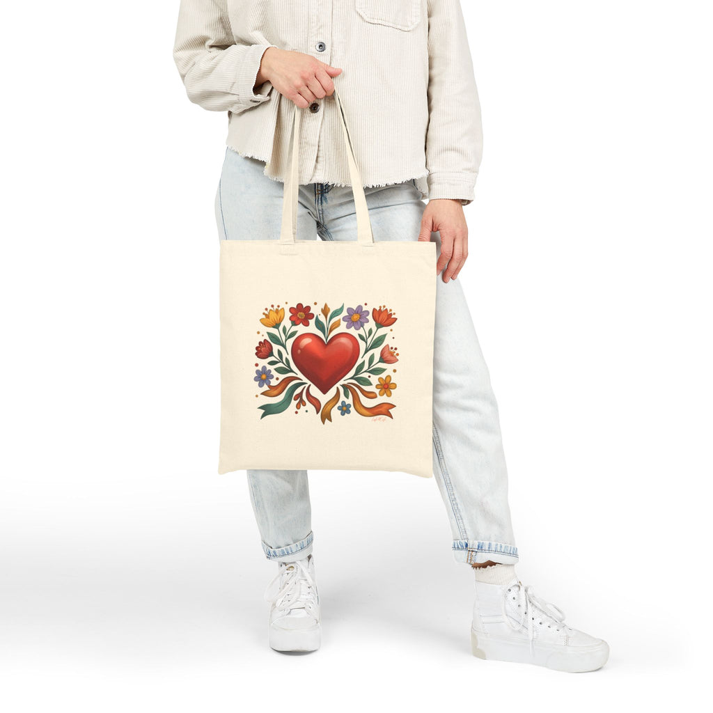 Folk Heart Canvas Tote Bag • Floral Cotton Market Bag