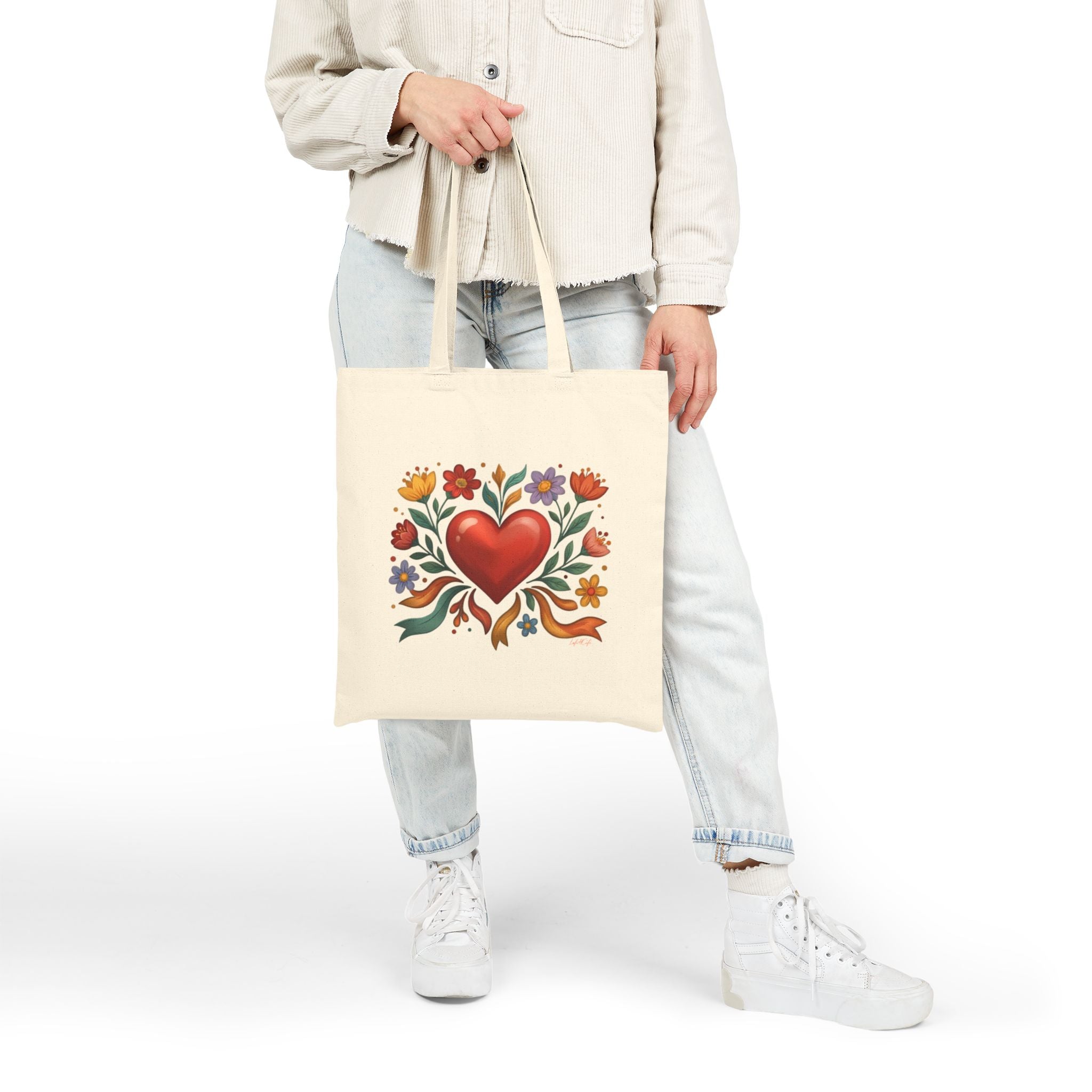 Folk Heart Canvas Tote Bag • Floral Cotton Market Bag