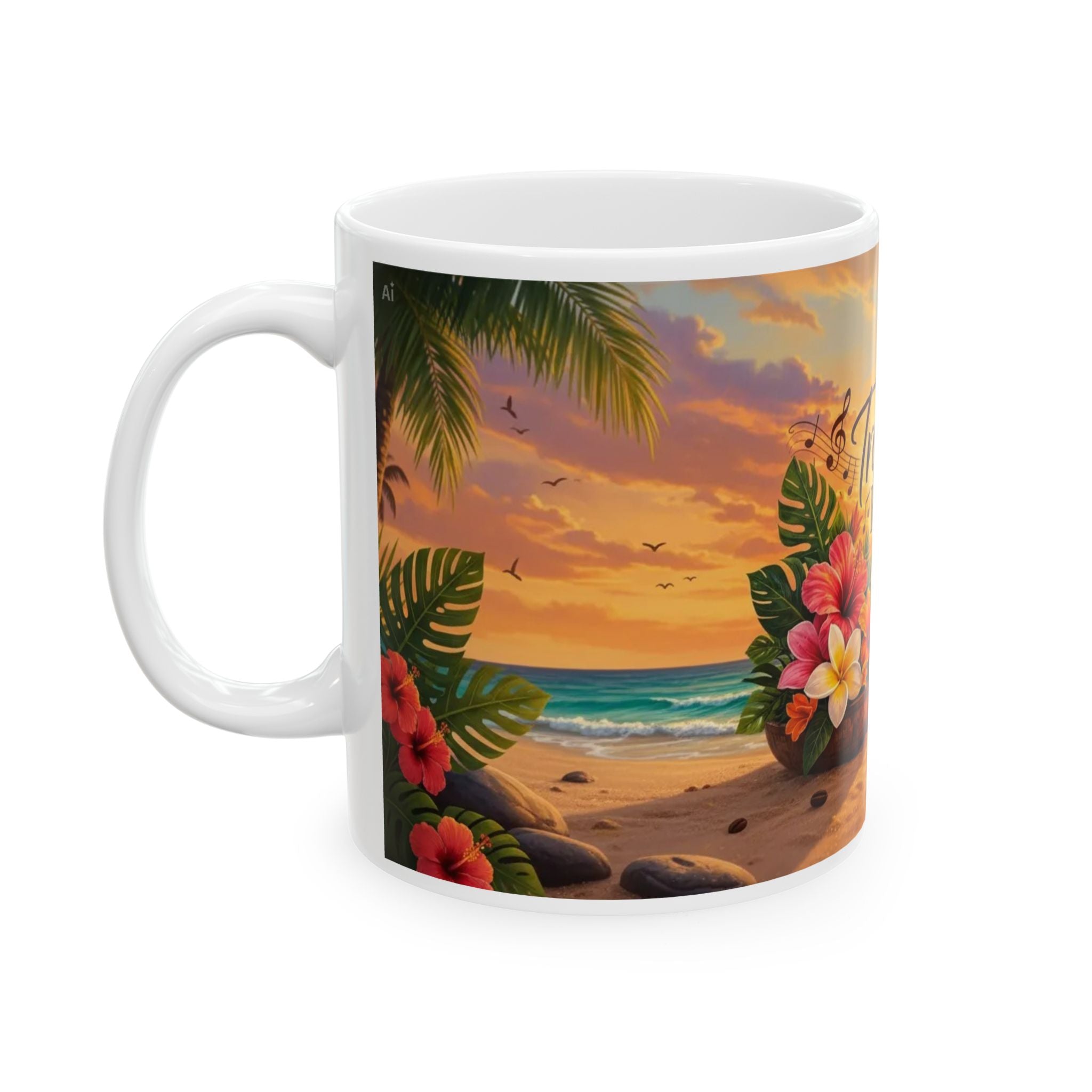 Tropical Bossa Nova Coffee Mug – Beach Sunset Guitar & Hibiscus Ceramic Mug (11oz, 15oz)