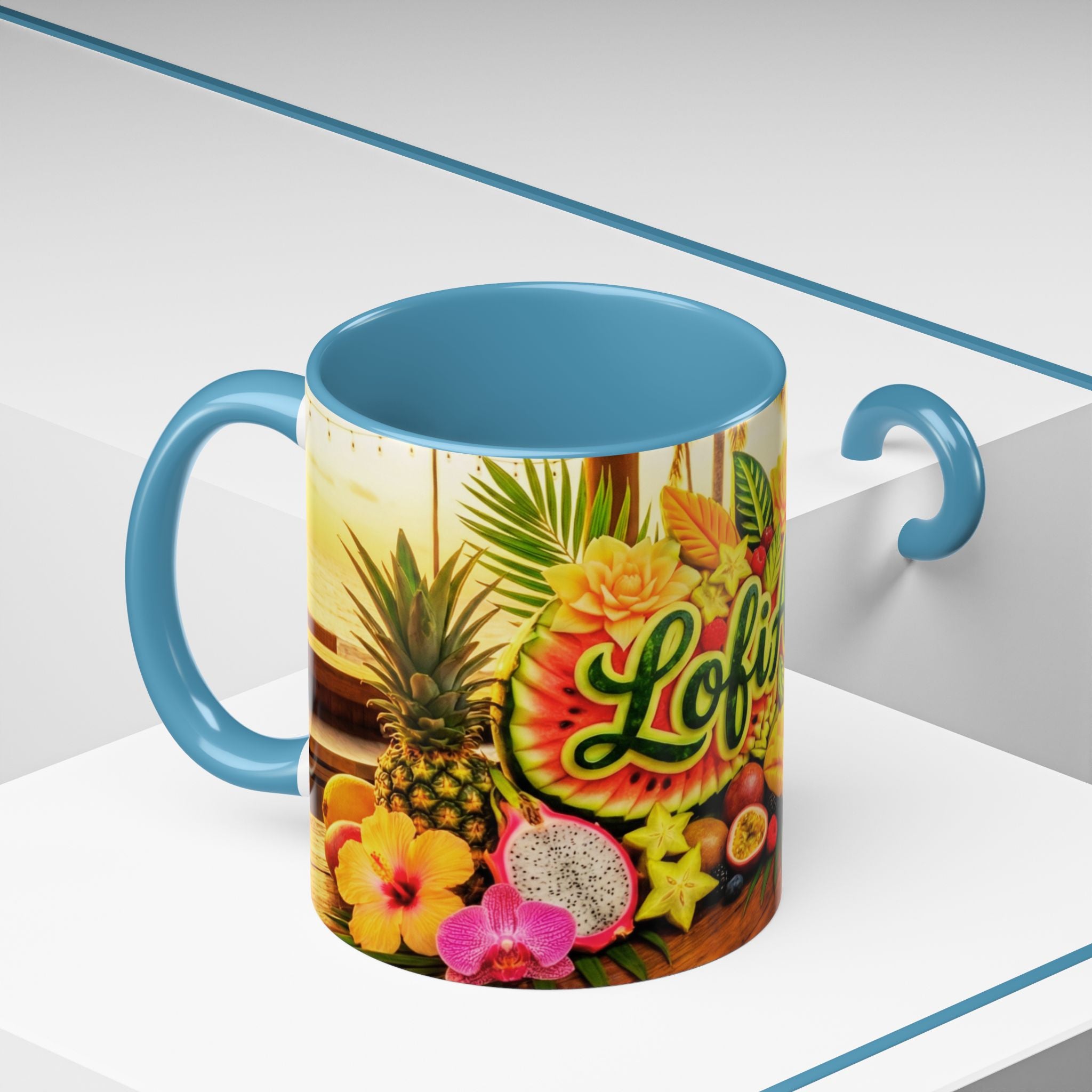 Tropical LofiAICafe Accent Coffee Mug — 'LofiAICafe' Color-Accent 11oz