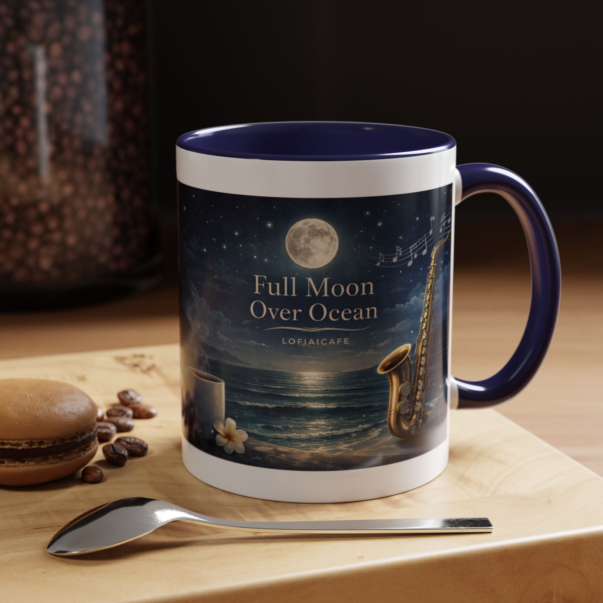 Full Moon Over Ocean Accent Coffee Mug — Night Jazz Saxophone Beach Scene (11oz)
