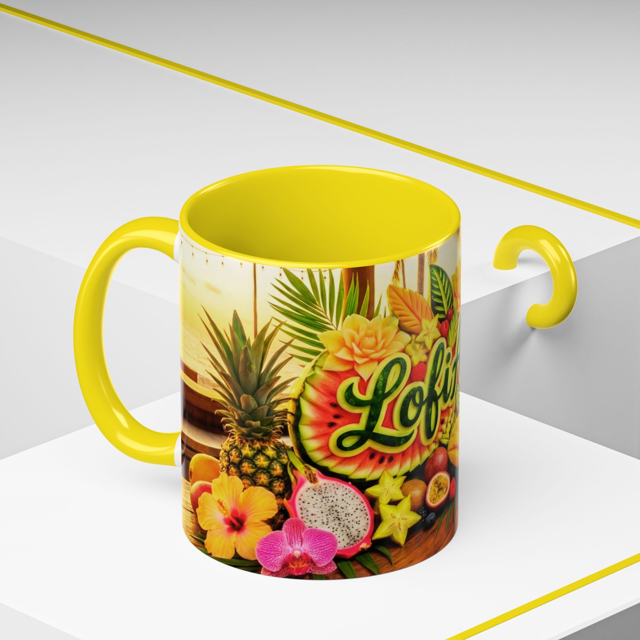 Tropical LofiAICafe Accent Coffee Mug — 'LofiAICafe' Color-Accent 11oz