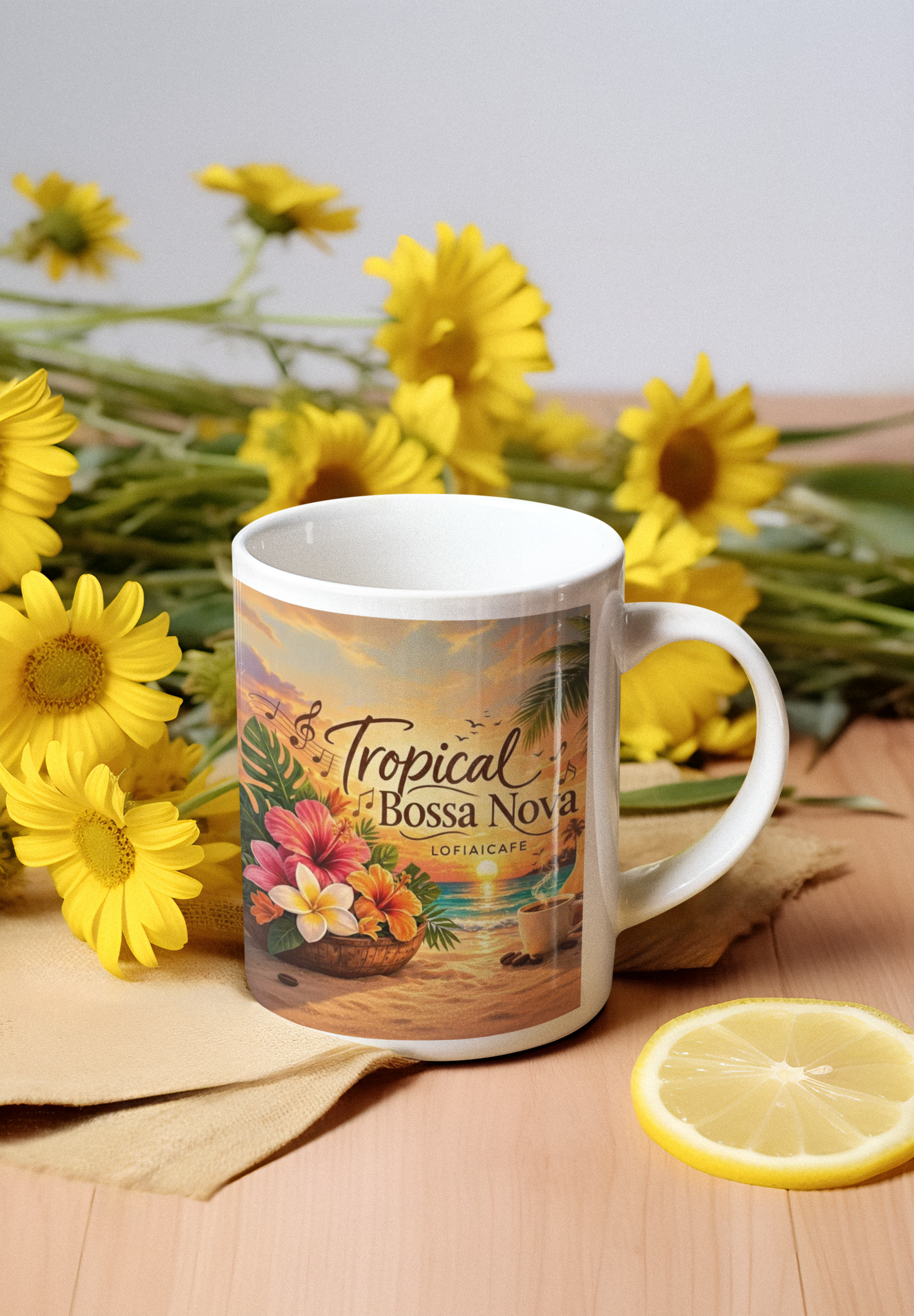 Tropical Bossa Nova Coffee Mug – Beach Sunset Guitar & Hibiscus Ceramic Mug (11oz, 15oz)