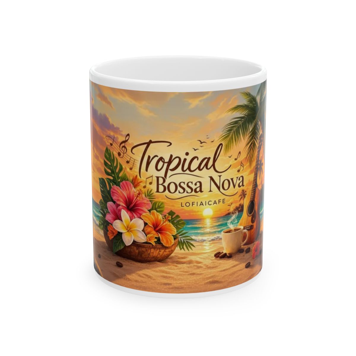 Tropical Bossa Nova Coffee Mug – Beach Sunset Guitar & Hibiscus Ceramic Mug (11oz, 15oz)