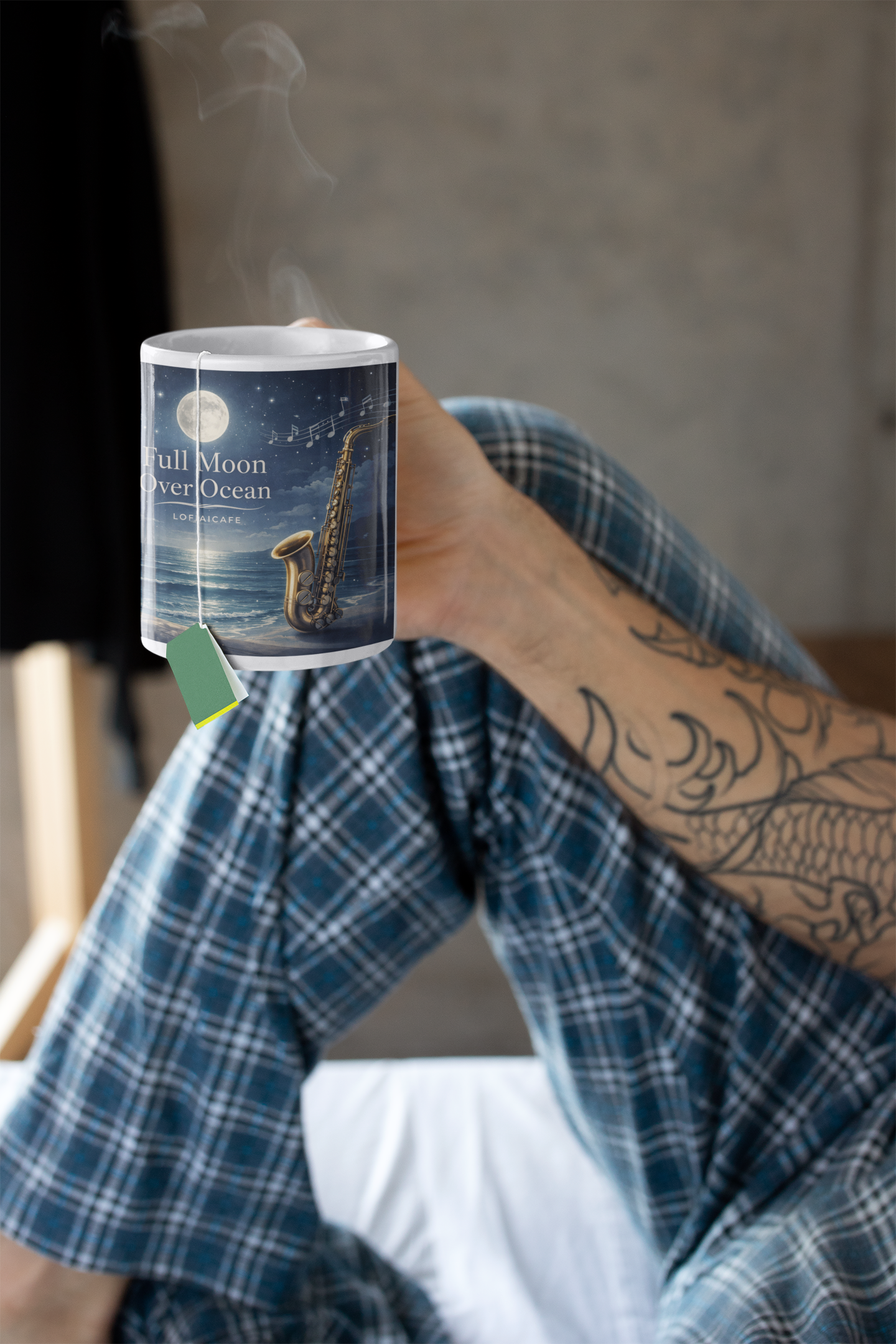 Full Moon Over Ocean Accent Coffee Mug — Night Jazz Saxophone Beach Scene (11/15oz)