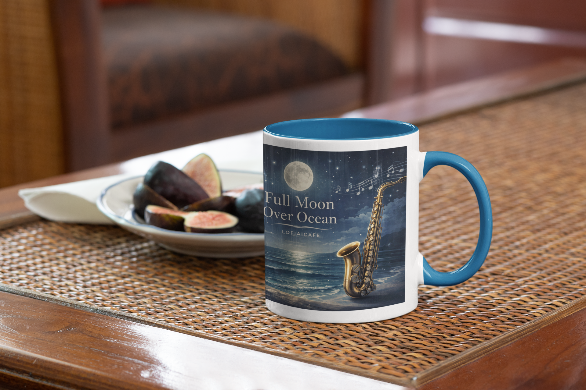 Full Moon Over Ocean Accent Coffee Mug — Night Jazz Saxophone Beach Scene (11/15oz)