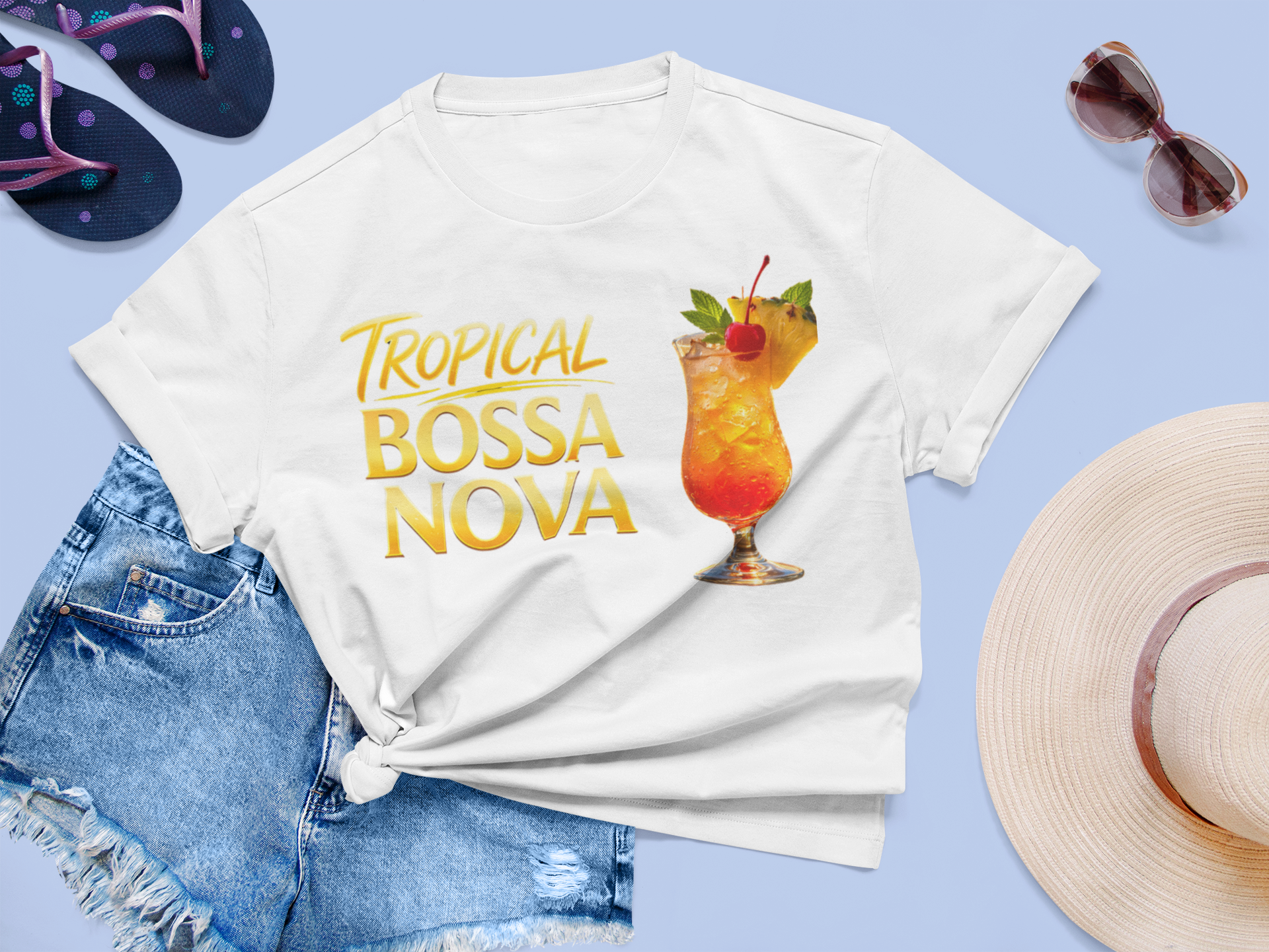 Tropical Bossa Nova T-Shirt 🍹🌴 Cocktail Graphic Tee – Summer Beach Vibes, Resort Wear, Music Aesthetic Shirt