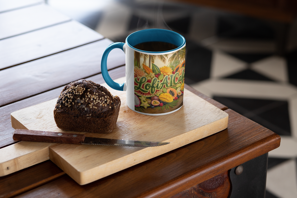Tropical LofiAICafe Accent Coffee Mug — 'LofiAICafe' Color-Accent 11oz