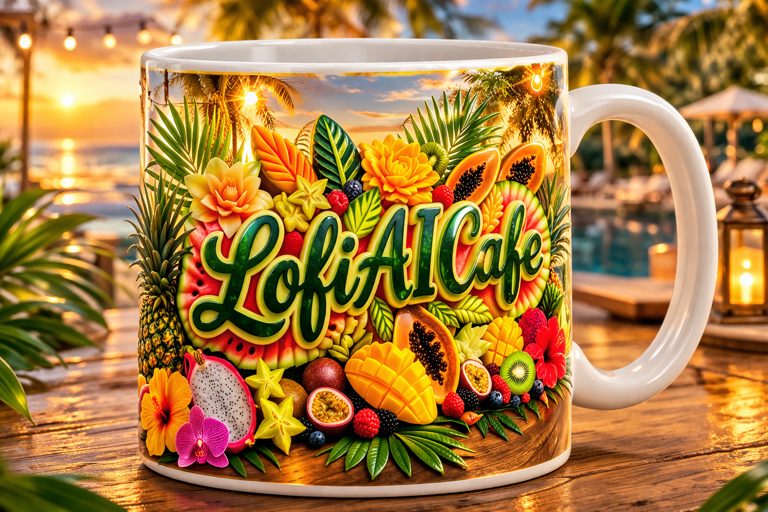 Tropical LofiAICafe Accent Coffee Mug — 'LofiAICafe' Color-Accent 11oz