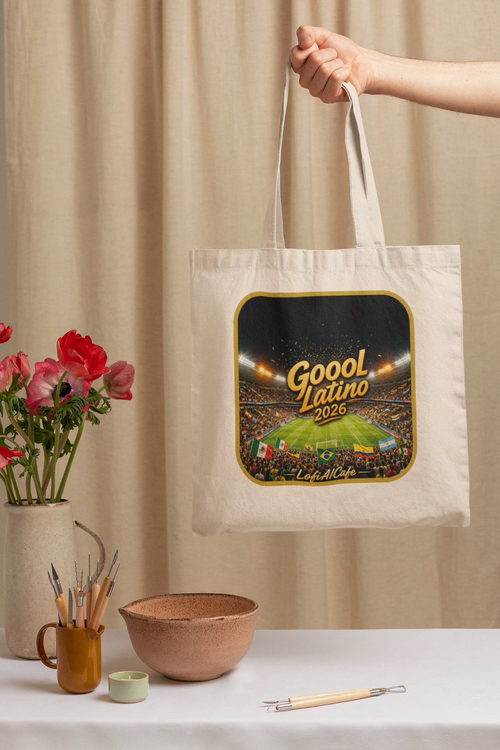 Gool Latino 2026 Canvas Tote Bag — LofiAICafe Stadium Soccer Fan Bag | Latino Gift | Natural & Black Canvas