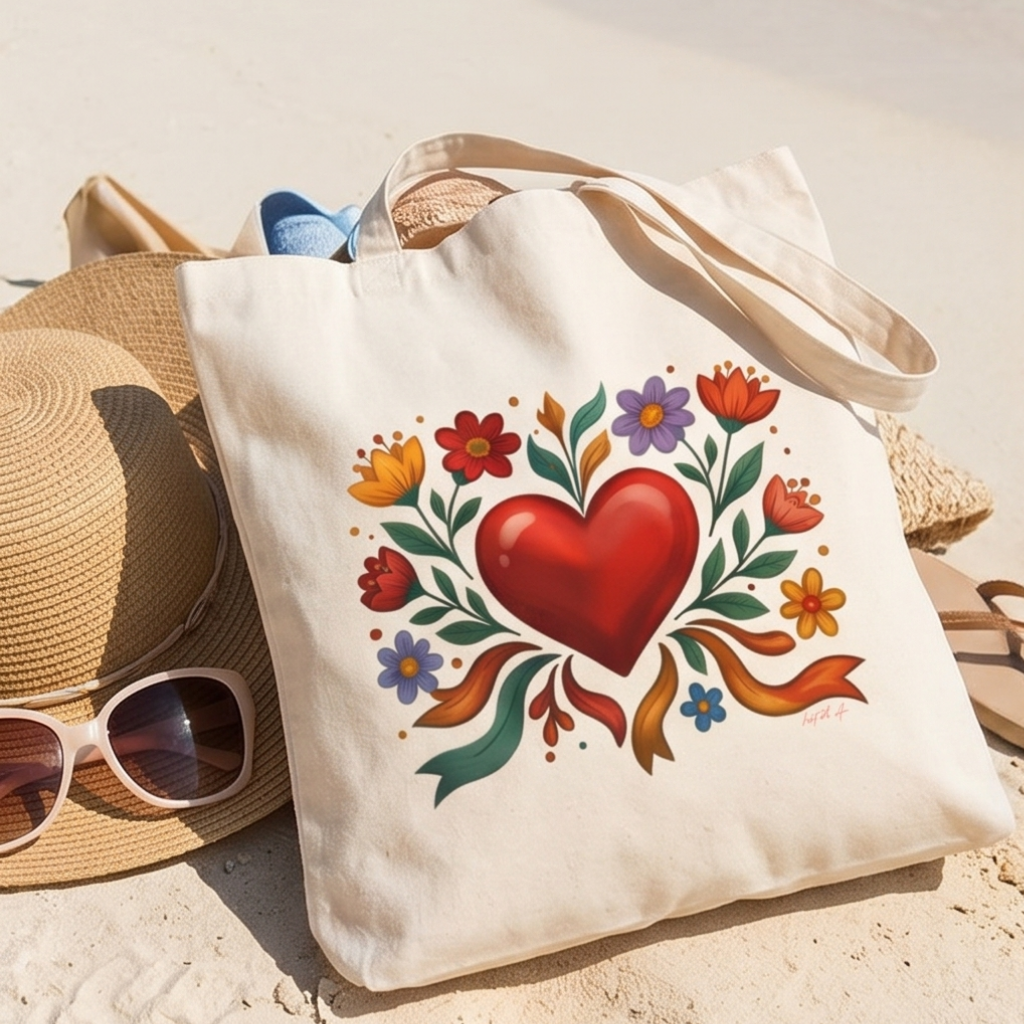 Folk Heart Canvas Tote Bag • Floral Cotton Market Bag