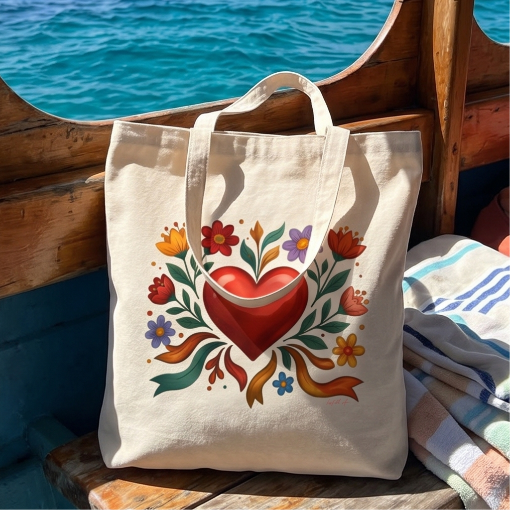 Folk Heart Canvas Tote Bag • Floral Cotton Market Bag