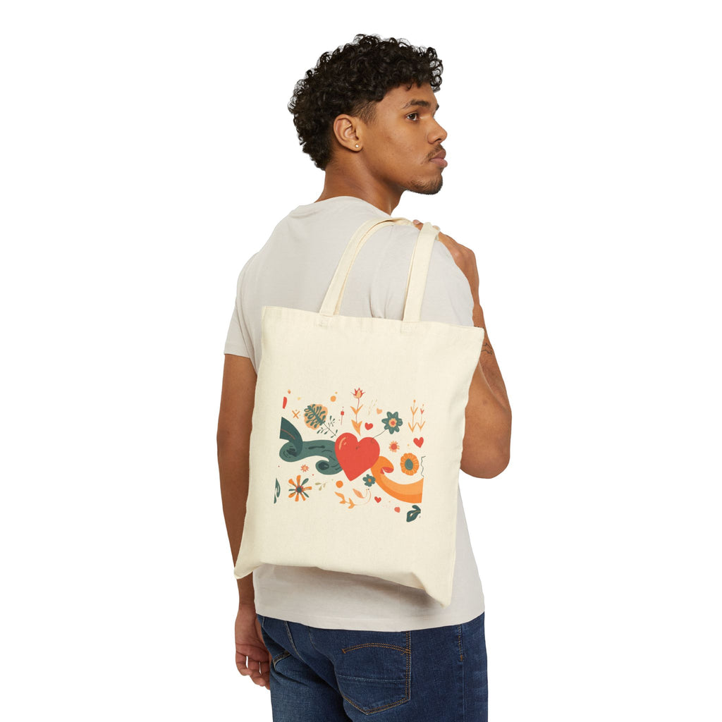 Retro Heart Floral Tote Bag — Cotton Canvas Market Shopper