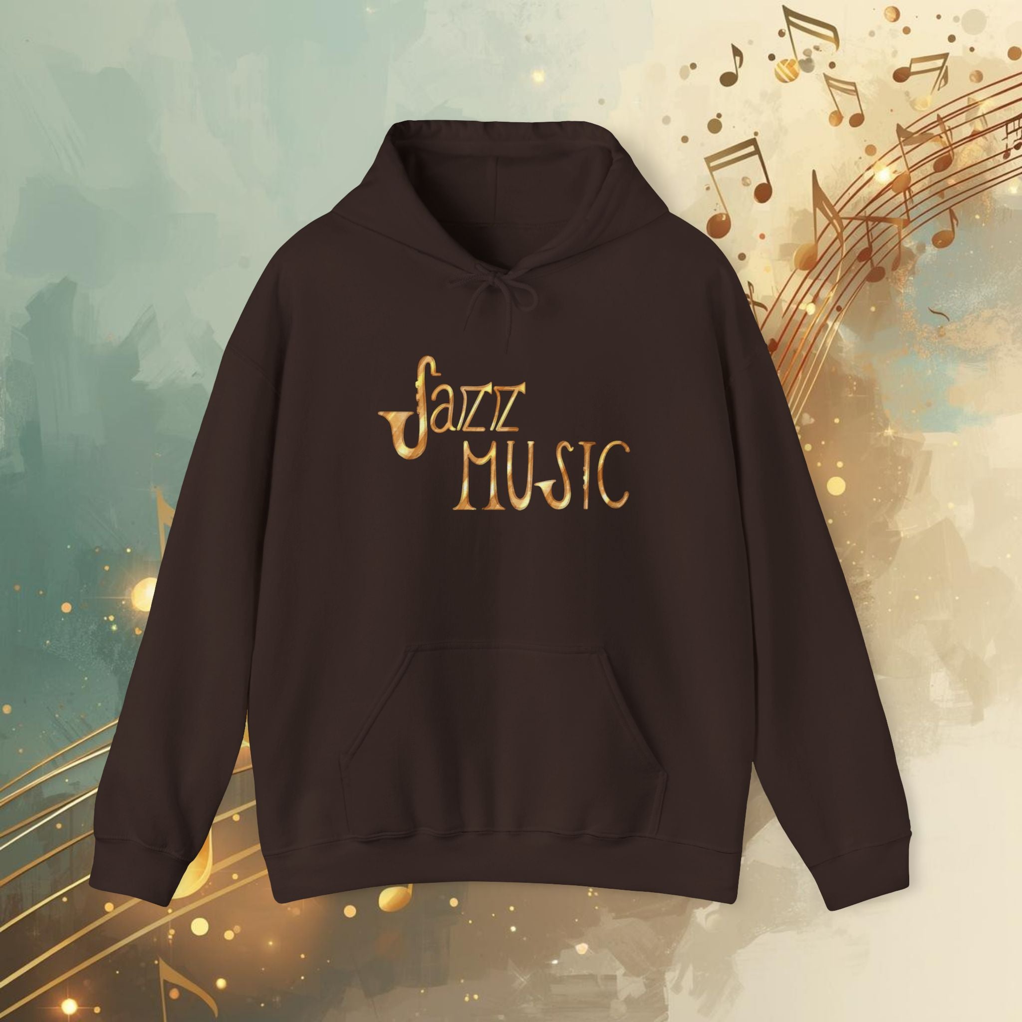 Jazz Music Hoodie 🎷 Retro Gold Script Sweatshirt – Vintage Jazz Lover Gift, Musician Streetwear, Cozy Unisex Pullover