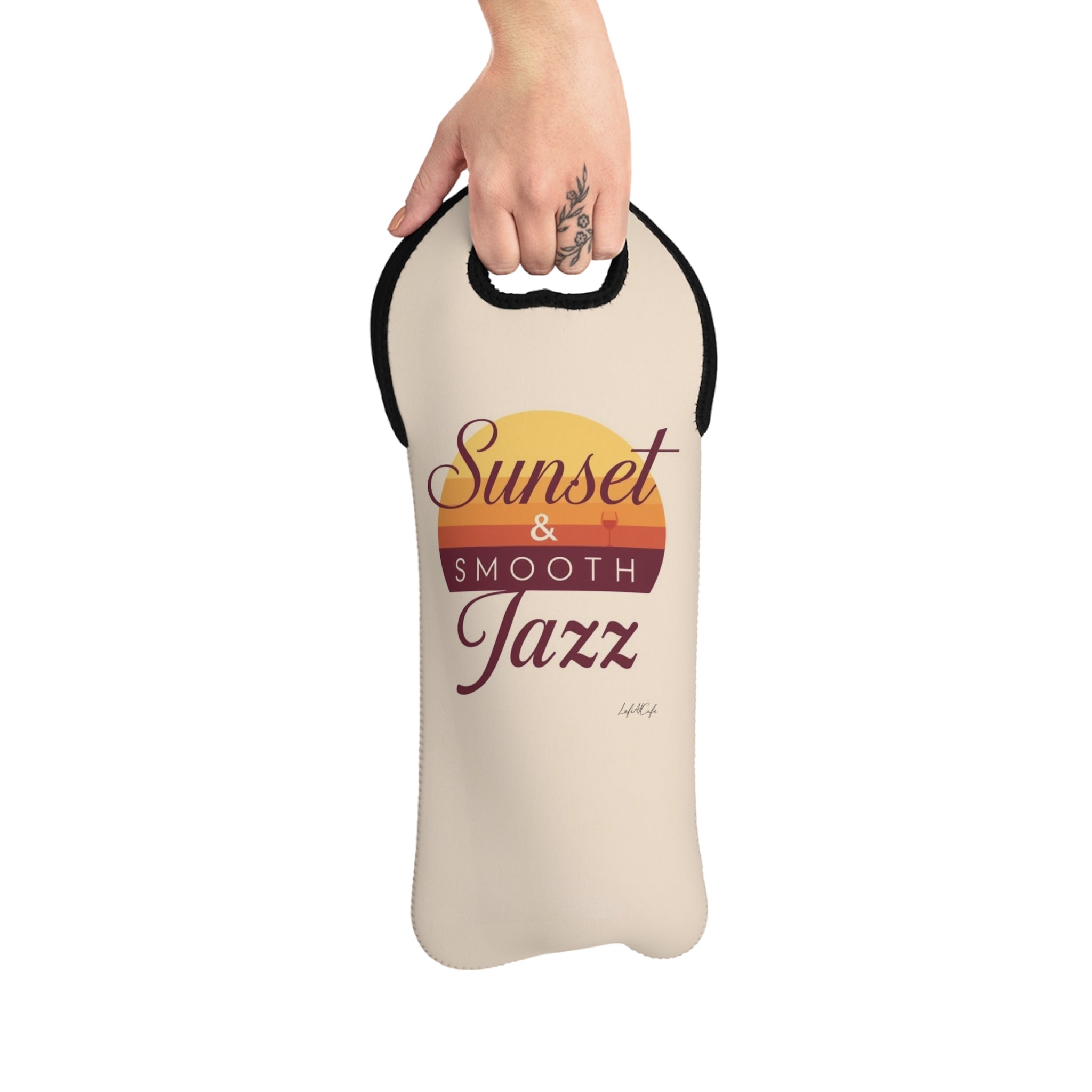 Sunset & Smooth Jazz Wine Tote Bag | Lofi Aesthetic Neoprene Bottle Carrier | Jazz Gift for Music Lovers
