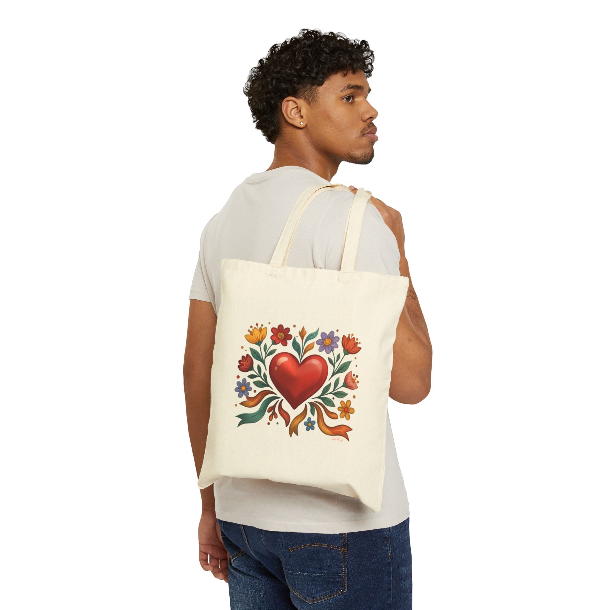 Folk Heart Canvas Tote Bag • Floral Cotton Market Bag