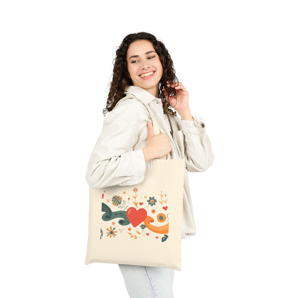 Retro Heart Floral Tote Bag — Cotton Canvas Market Shopper