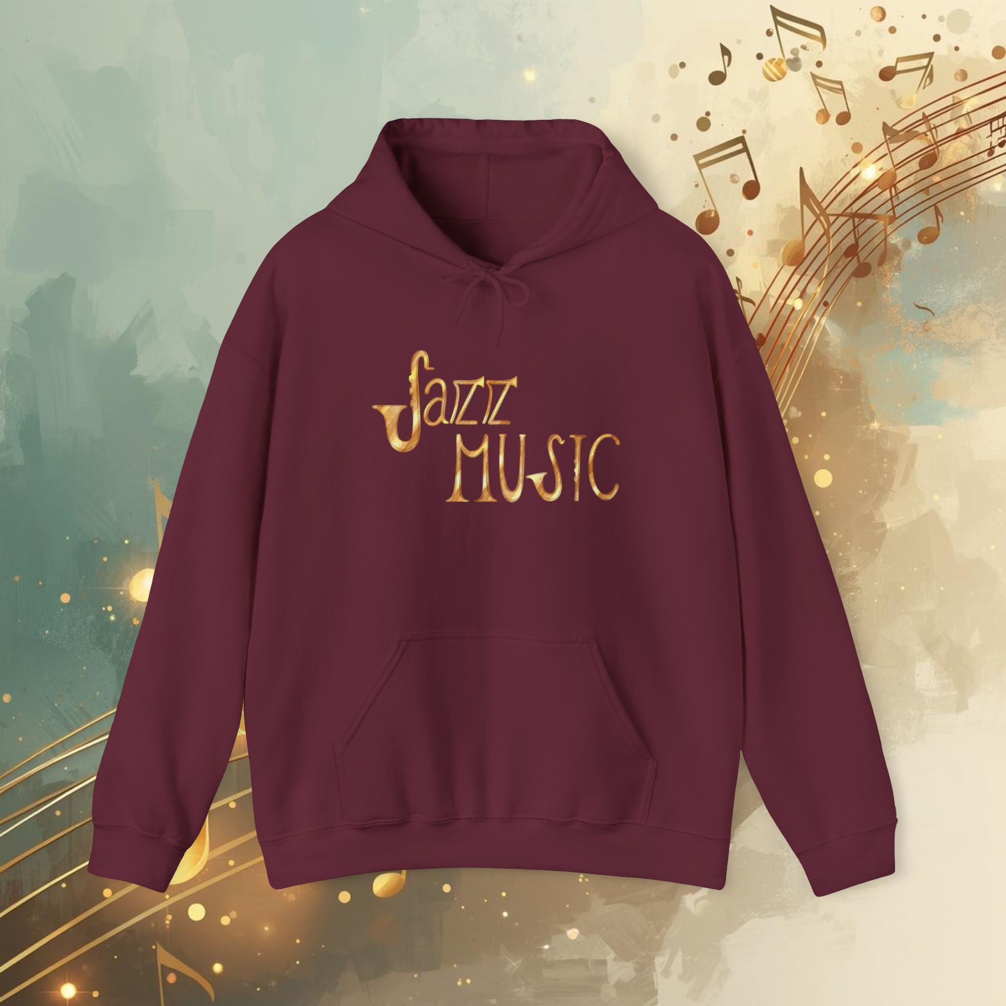 Jazz Music Hoodie 🎷 Retro Gold Script Sweatshirt – Vintage Jazz Lover Gift, Musician Streetwear, Cozy Unisex Pullover
