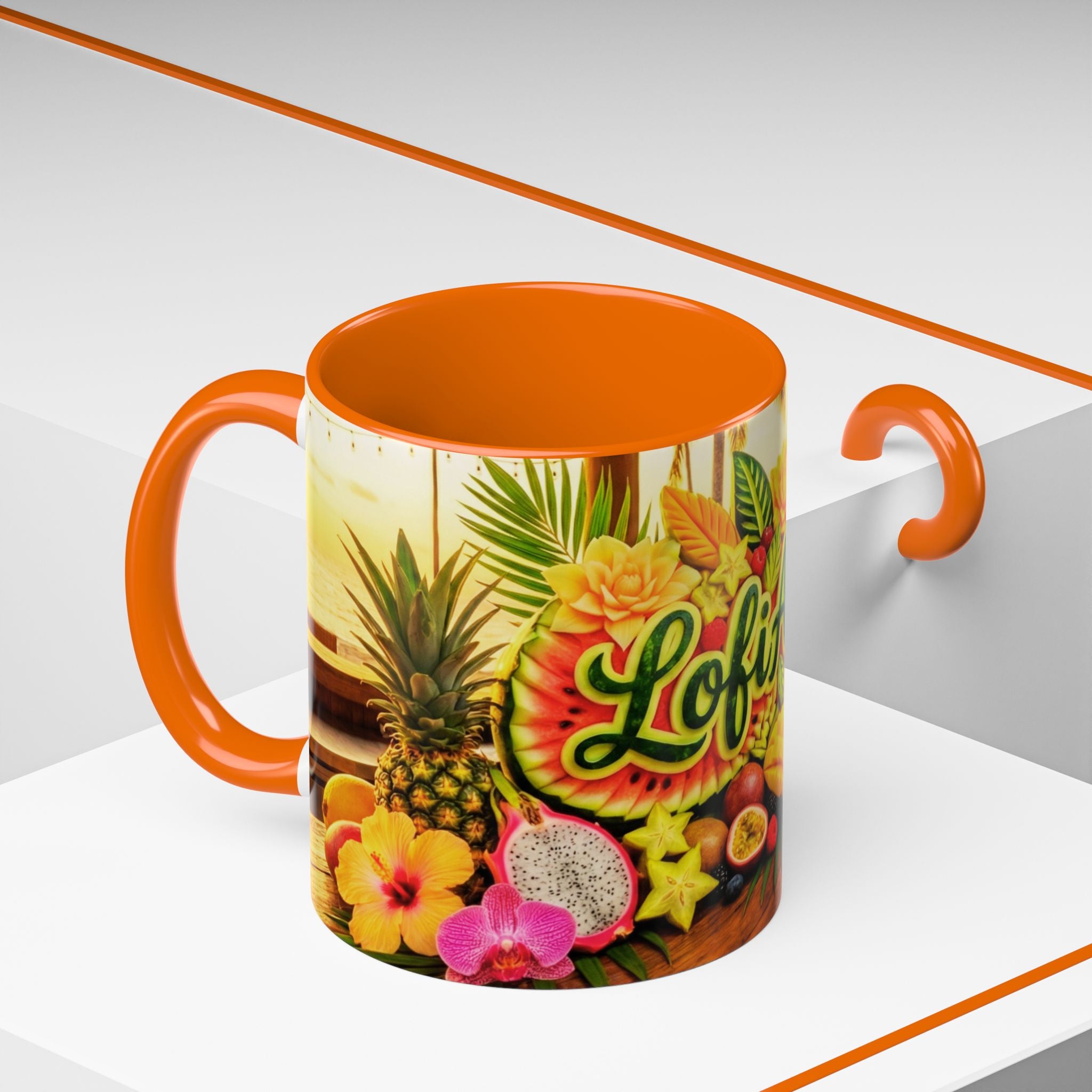 Tropical LofiAICafe Accent Coffee Mug — 'LofiAICafe' Color-Accent 11oz