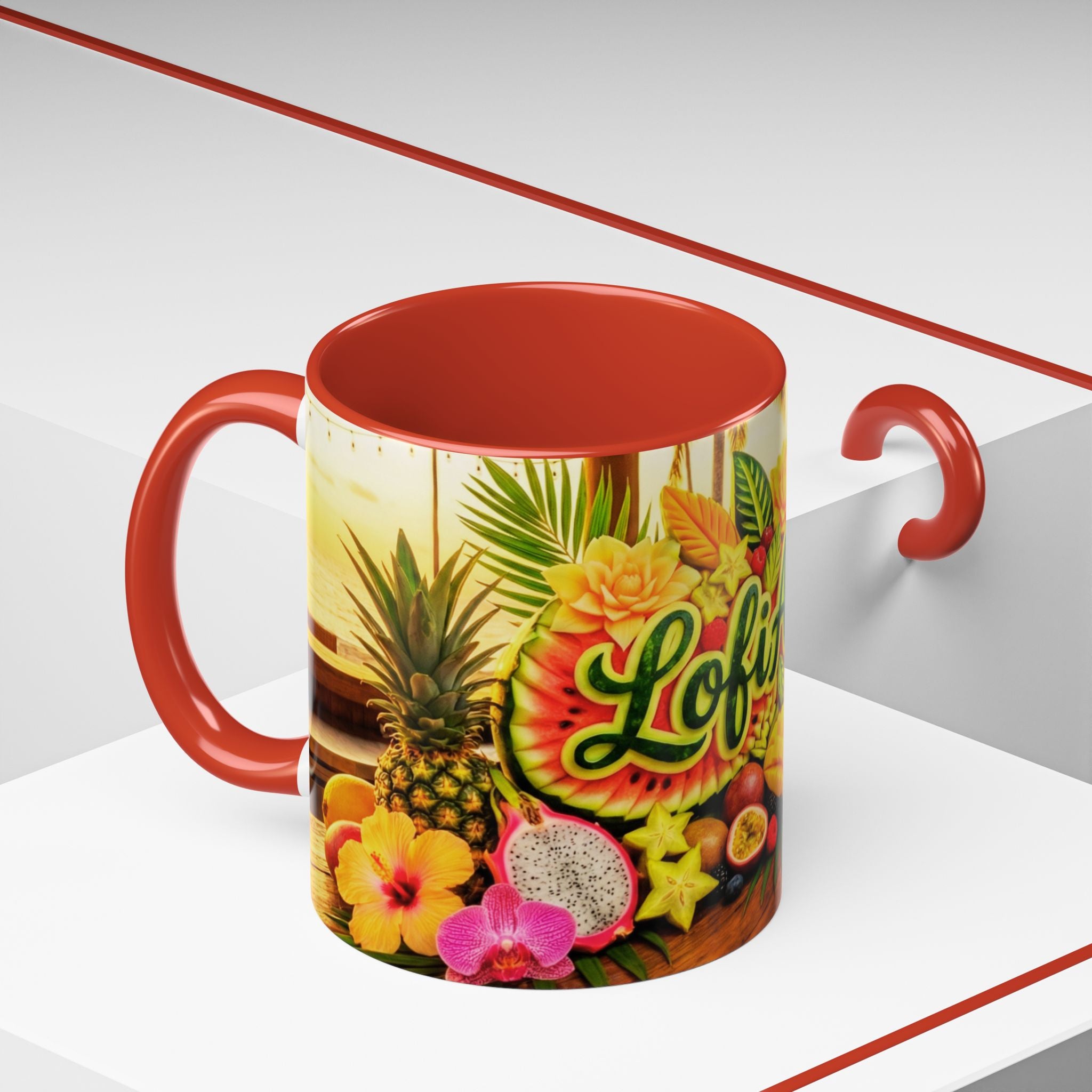 Tropical LofiAICafe Accent Coffee Mug — 'LofiAICafe' Color-Accent 11oz