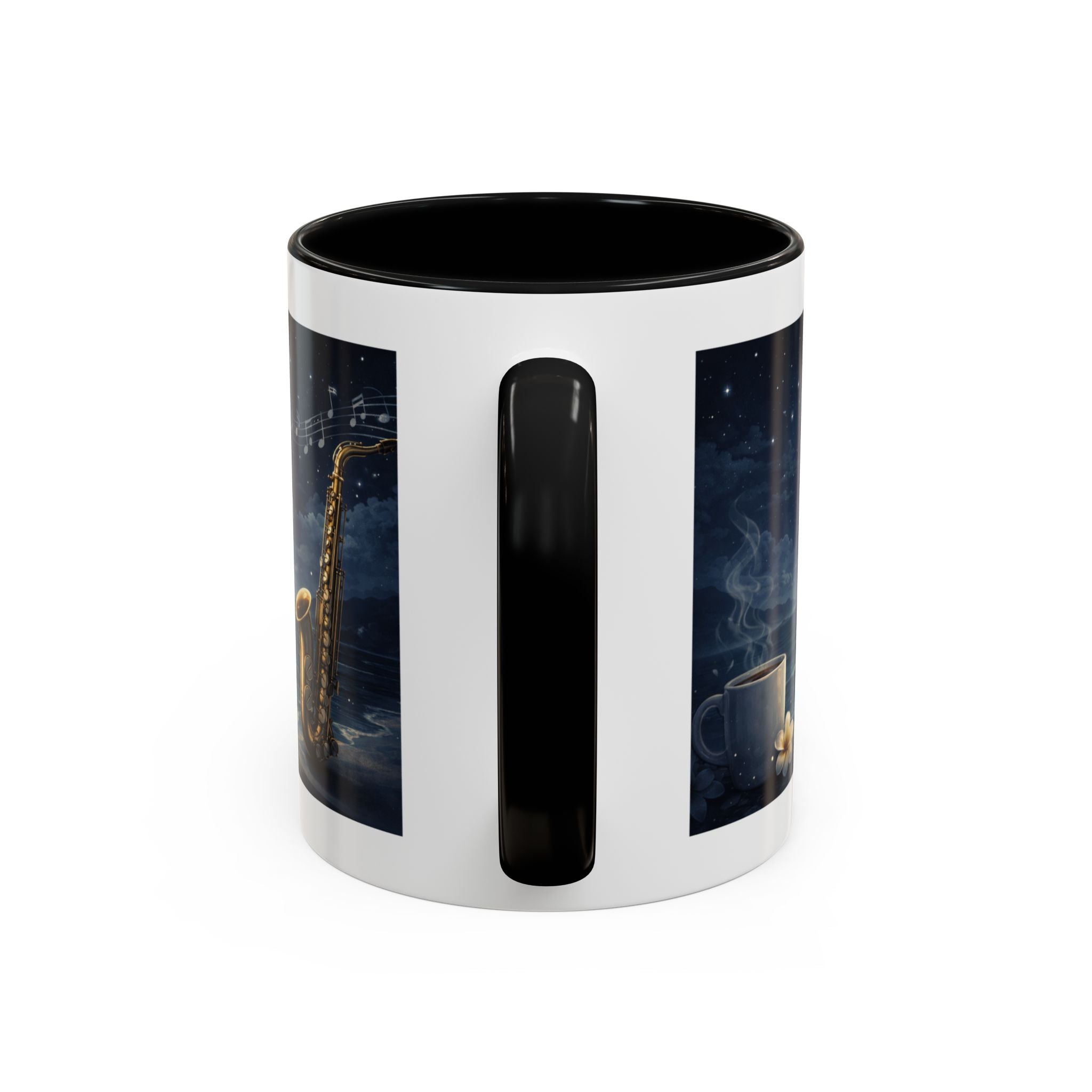 Full Moon Over Ocean Accent Coffee Mug — Night Jazz Saxophone Beach Scene (11/15oz)