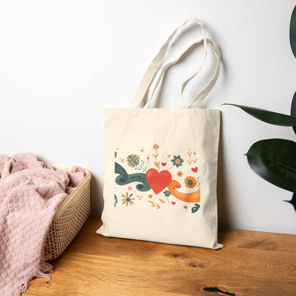Retro Heart Floral Tote Bag — Cotton Canvas Market Shopper