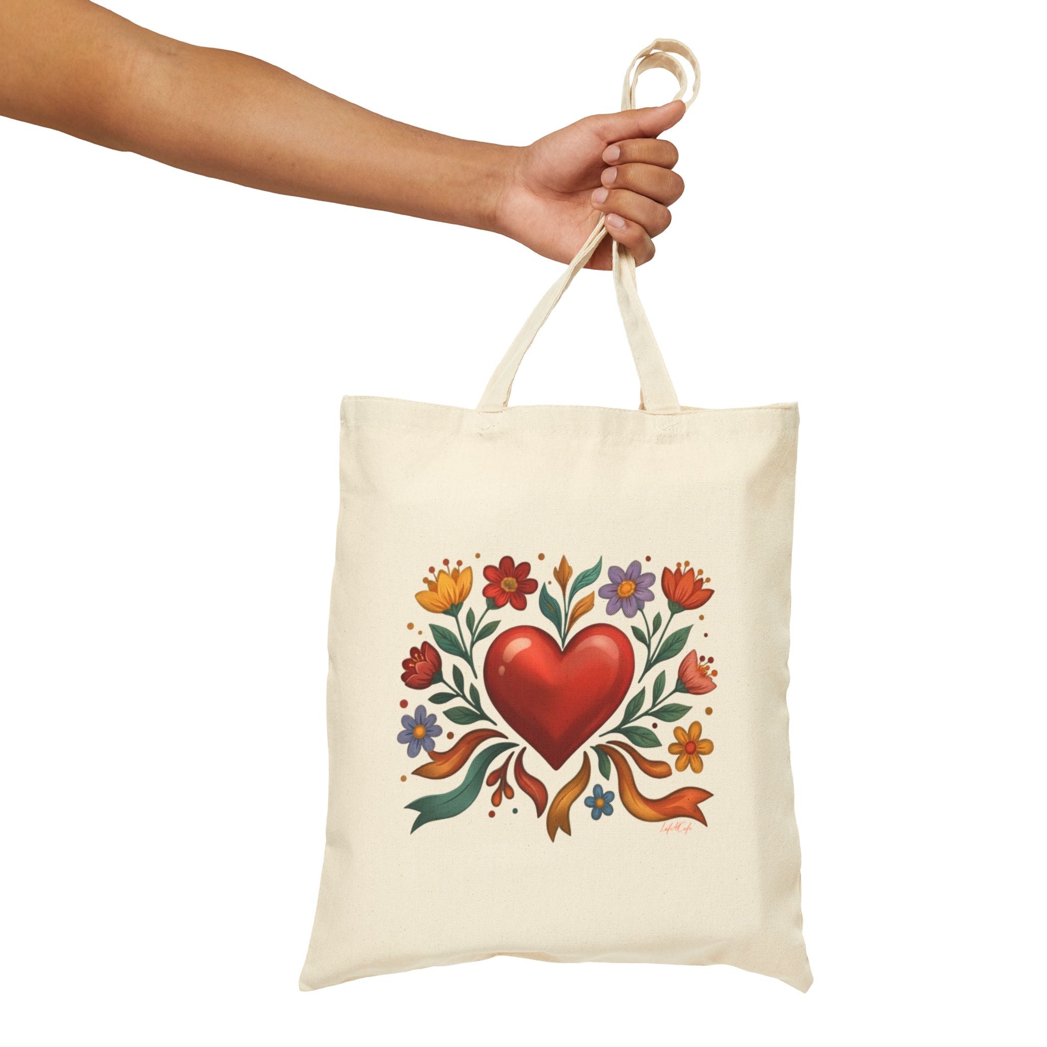 Folk Heart Canvas Tote Bag • Floral Cotton Market Bag