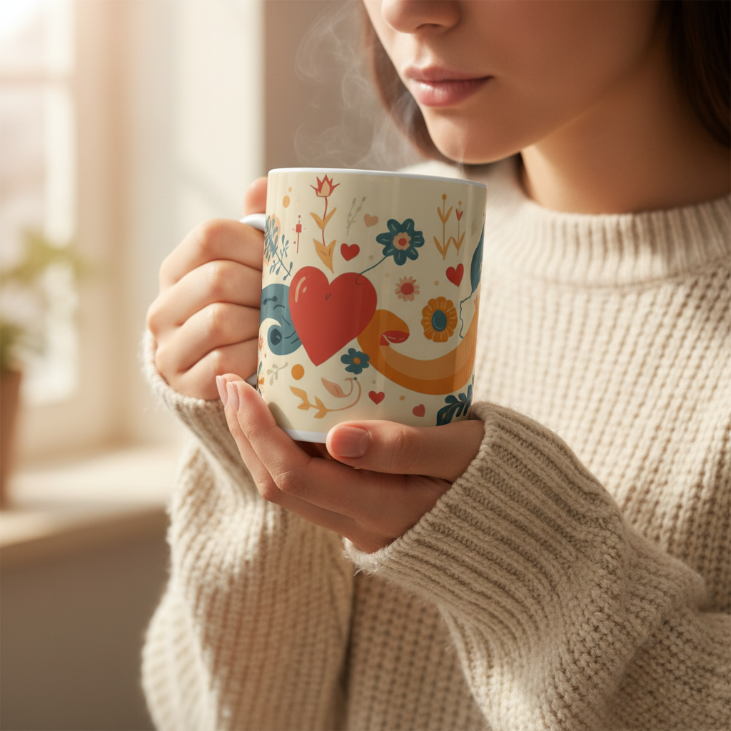 Floral Heart Ceramic Mug — Whimsical Vintage Love Design (11oz & 15oz)