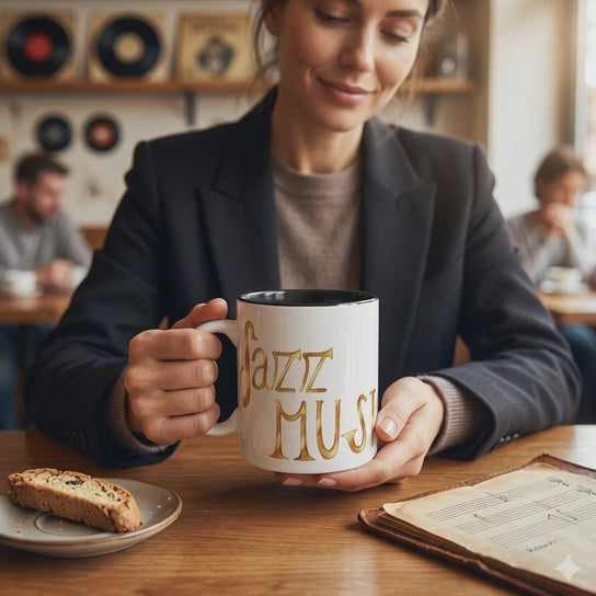 Jazz Coffee Mug ☕ Gold Script Accent Mug (11oz) – Music Lover Gift, Retro Jazz Style Cup