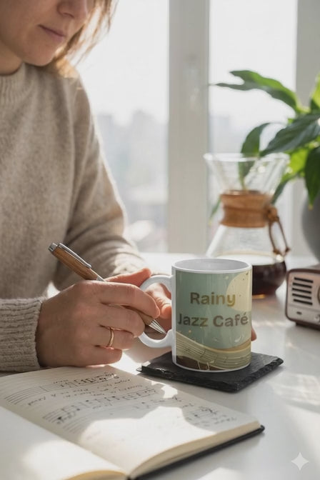 Rainy Jazz Café Ceramic Mug – Saxophone Jazz Coffee Cup for Music Lovers (11oz)