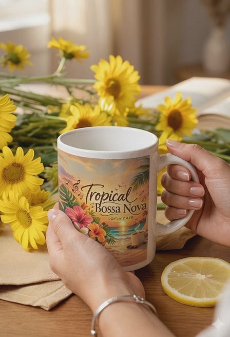 Tropical Bossa Nova Coffee Mug – Beach Sunset Guitar & Hibiscus Ceramic Mug (11oz, 15oz)