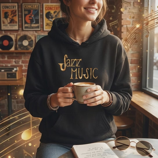 Jazz Music Hoodie 🎷 Retro Gold Script Sweatshirt – Vintage Jazz Lover Gift, Musician Streetwear, Cozy Unisex Pullover