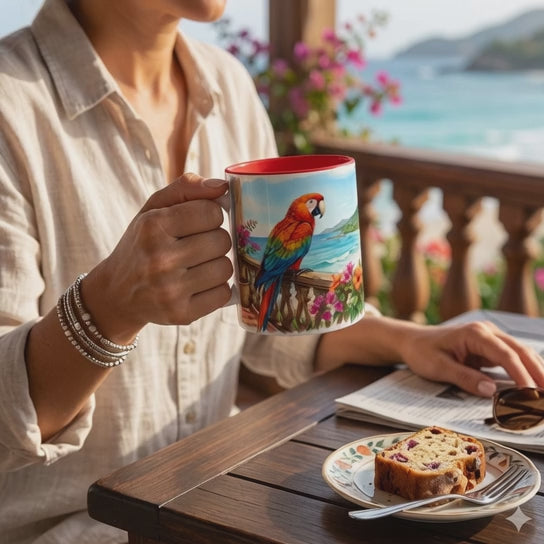 Caribbean Parrot Coffee Mug ☕ Tropical Beach Hibiscus Design | Colorful Island Vibes (11oz, 15oz)
